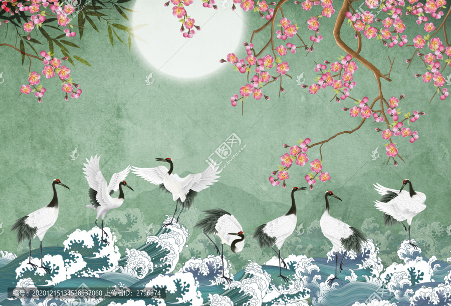 梅花仙鶴海浪背景墻