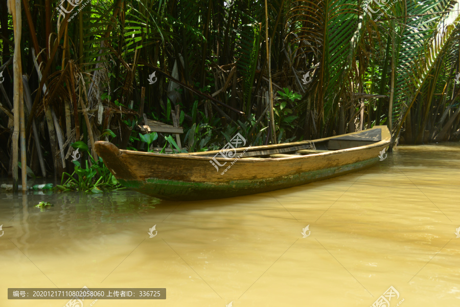 越南湄公河岸水椰树林和小木船