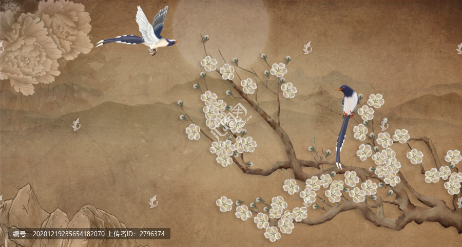 梅花花鳥背景墻藍(lán)鵲