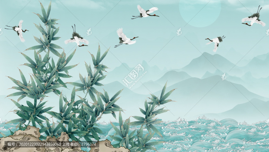 竹子仙鶴海浪背景墻