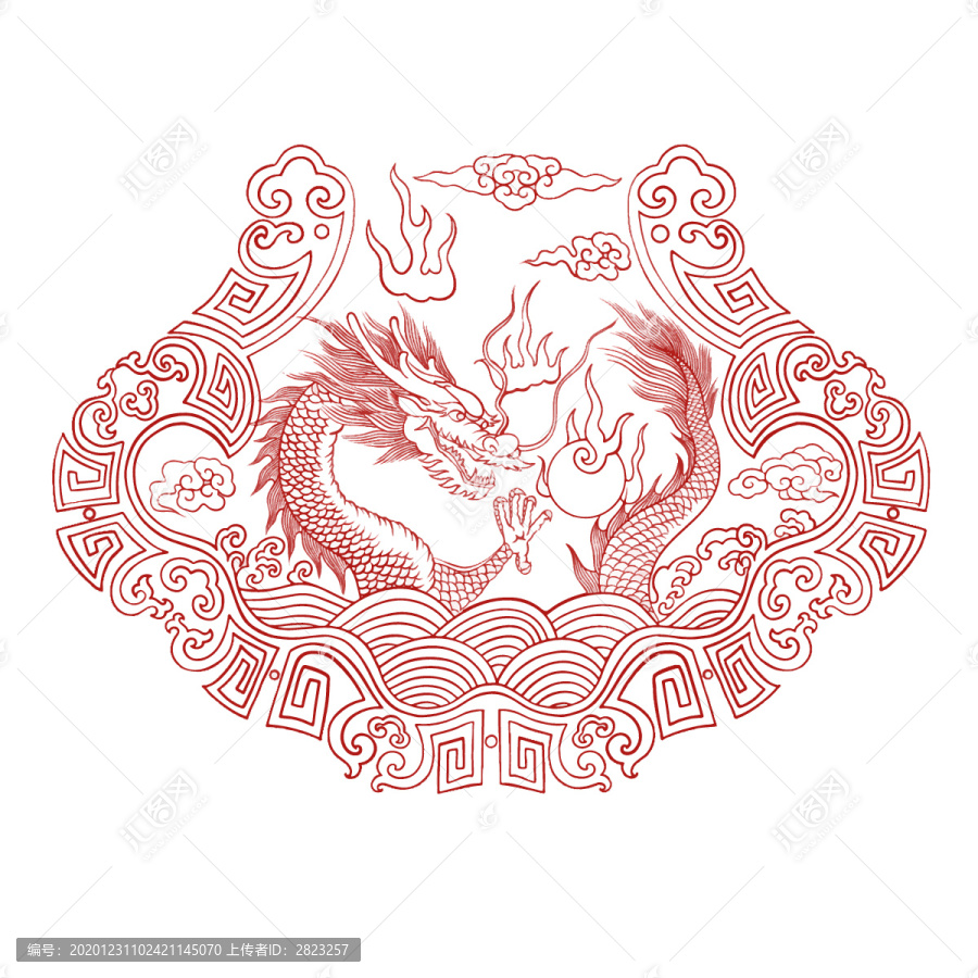 傳統(tǒng)紋樣元素線稿蛟龍戲珠