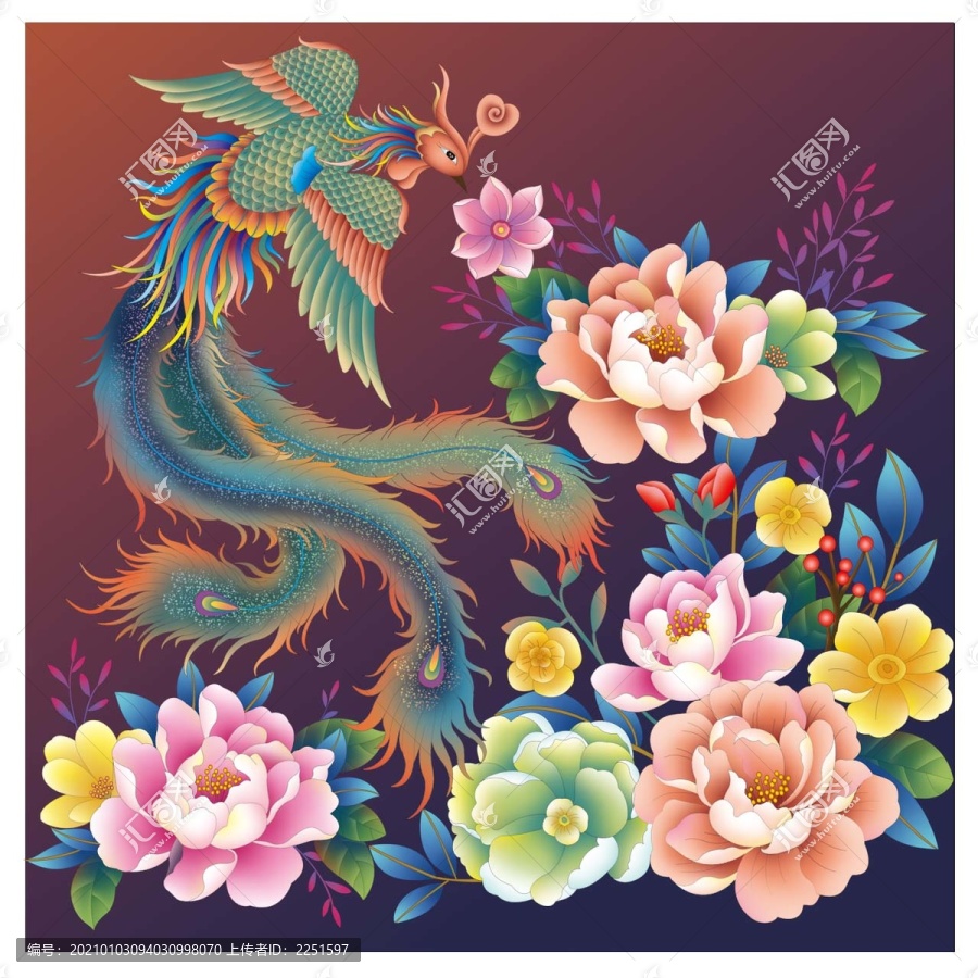 鳳凰牡丹分層設(shè)計(jì)插畫圖案