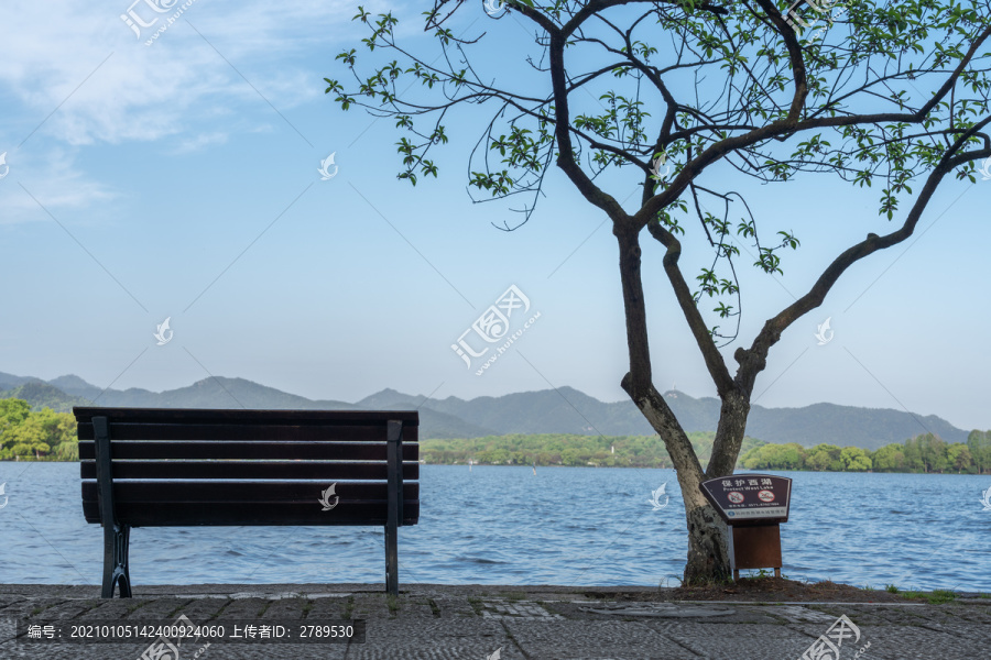 杭州西湖湖畔的休闲长条椅