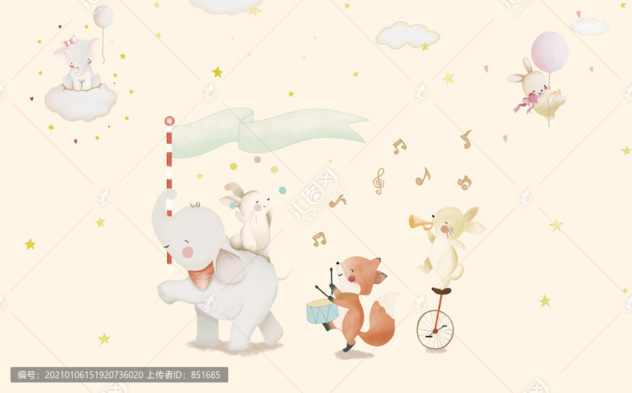 手繪大象動物兒童背景墻