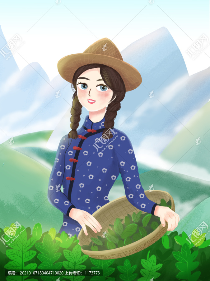 手繪采茶女山中采茶插畫