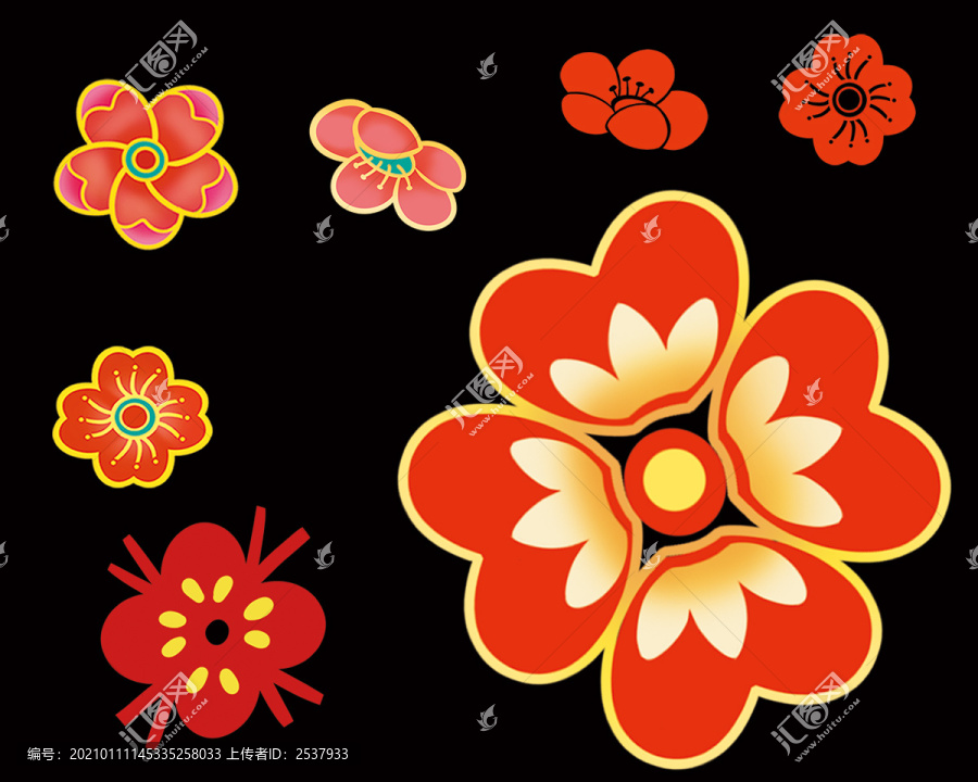 卡通中國(guó)紅金邊梅花花朵花瓣插畫