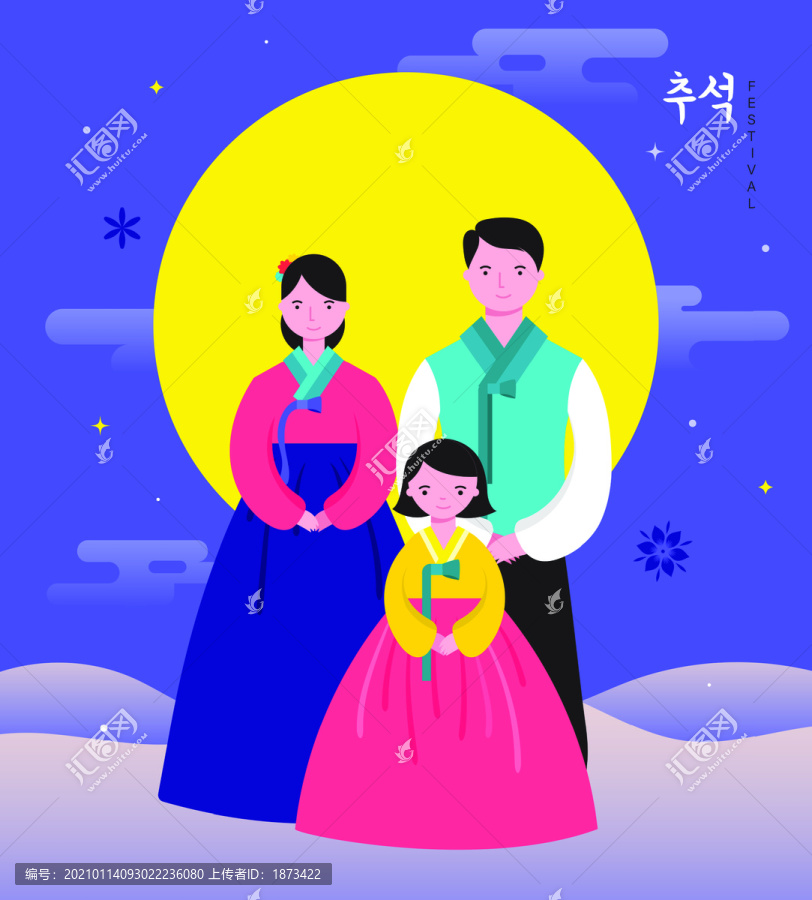 扁平風傳統(tǒng)韓國家庭秋夕賀圖,夜晚背景