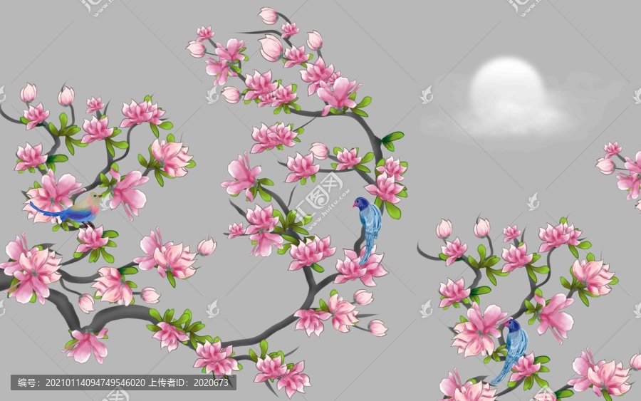 手繪玉蘭花中國古風(fēng)背景墻裝飾畫