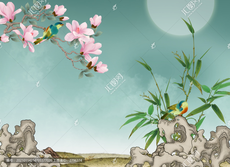 玉蘭竹子背景花鳥(niǎo)