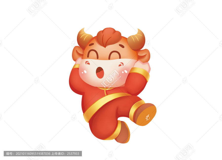 中國紅喜慶卡通跳躍的小牛插畫