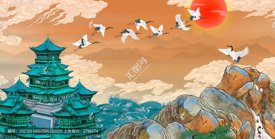 樓閣仙鶴背景墻