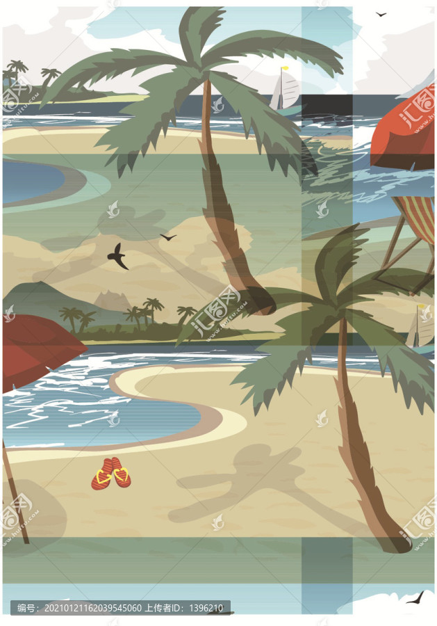 盛夏歡樂插畫海灘海報素材