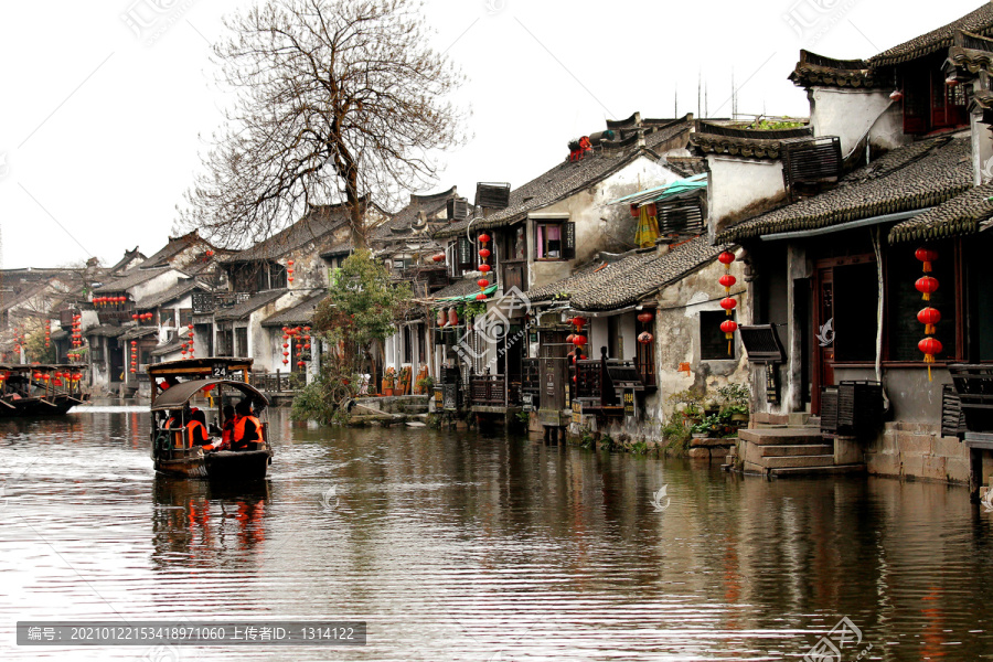 西塘古镇乌篷船游船水巷河道民居