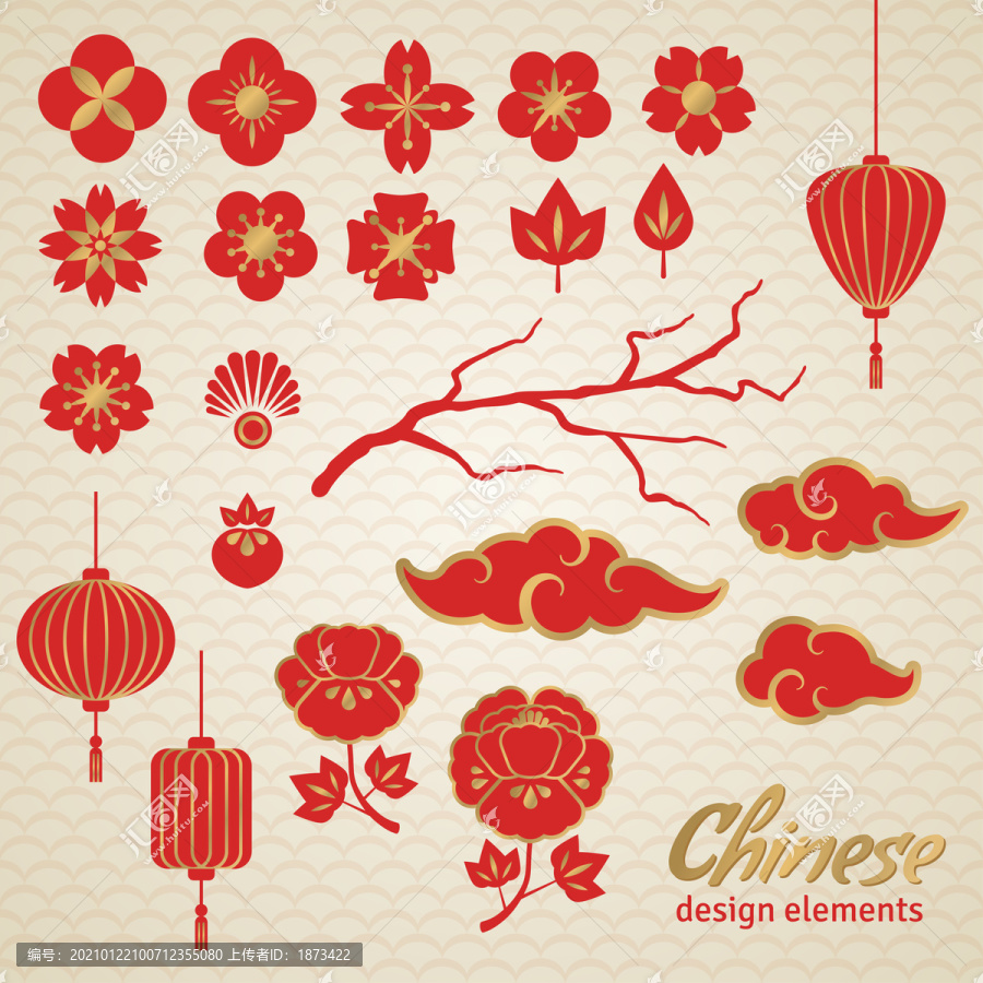 红色花朵祥云与灯笼元素,中国风集合