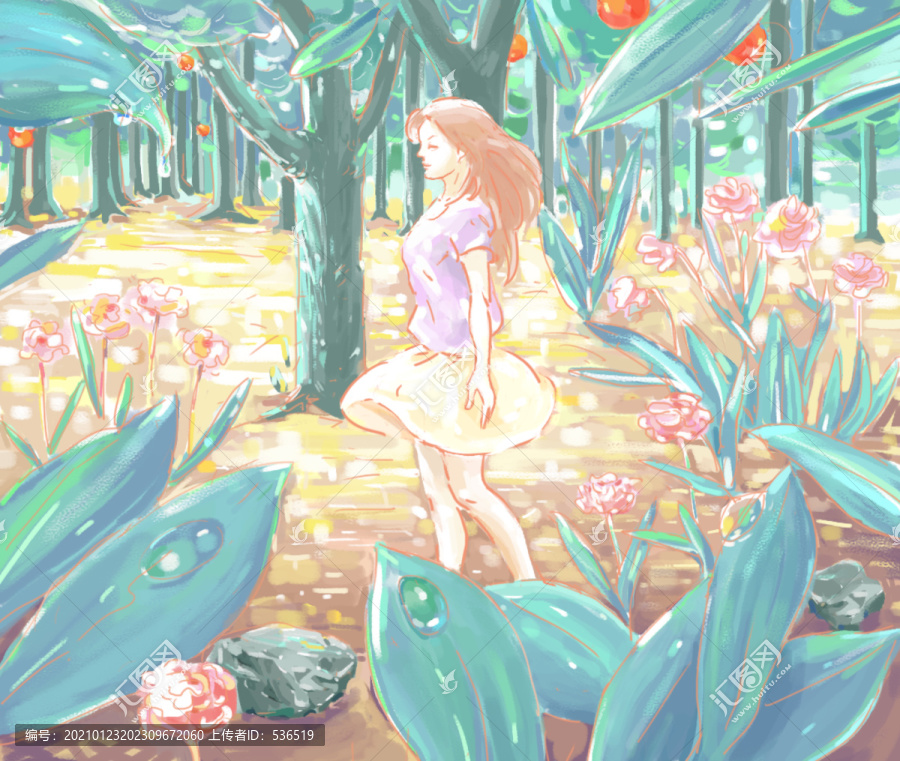 林中少女清新插畫素材