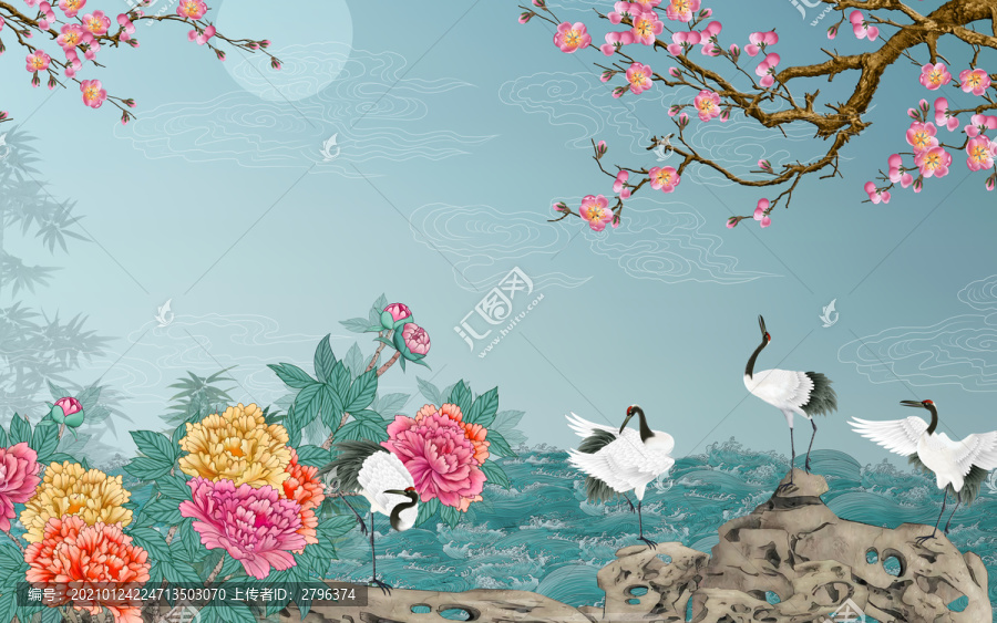 牡丹仙鶴梅花