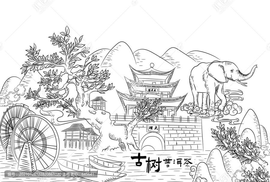 線描普洱茶插畫