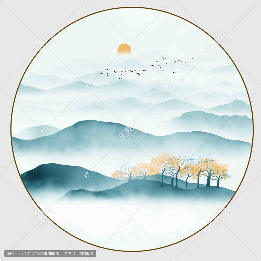 圓形水墨意境山水掛畫