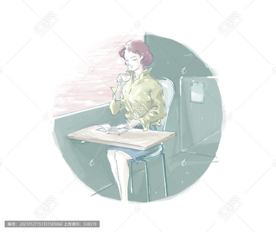 喝咖啡的女孩插畫莫蘭迪色
