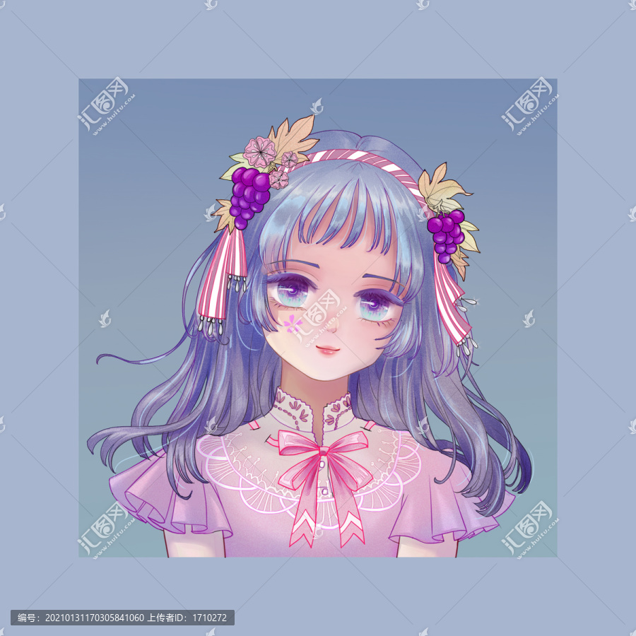 葡萄少女清新手繪卡通形象