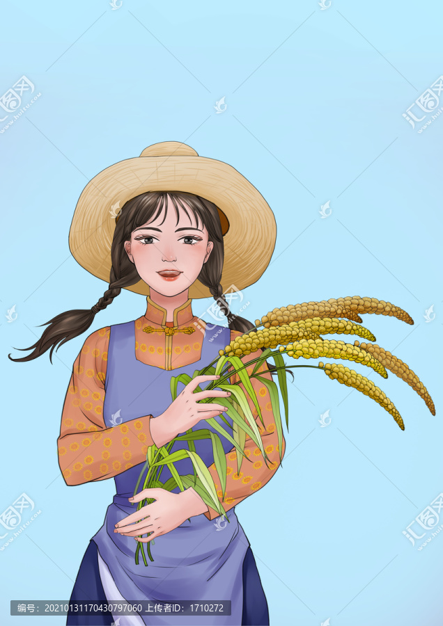 手繪插畫懷抱谷子的少女