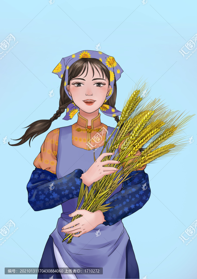 懷抱麥子的少女手繪插畫
