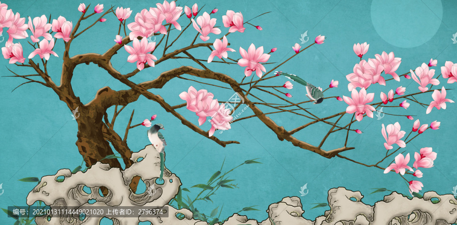 玉蘭花鳥背景墻