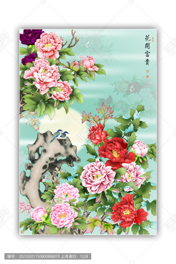 花開富貴月圓雙雀圖