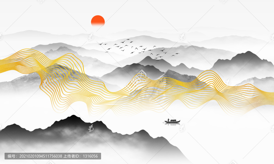 金色線條山水