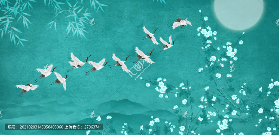 海棠竹子仙鶴