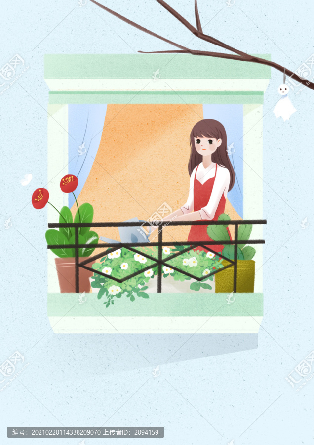 清新早安你好女孩澆花插畫