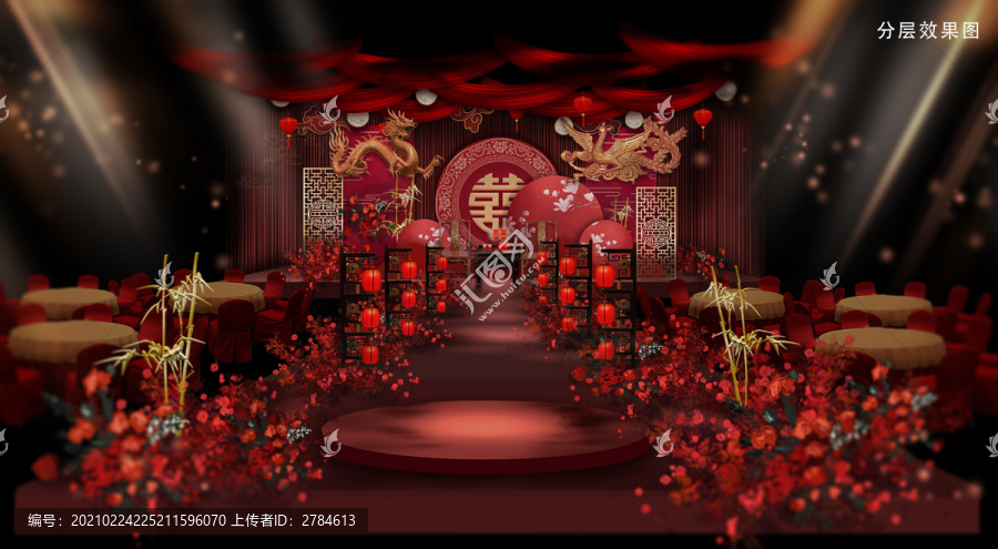 中式红金色龙凤婚礼效果图