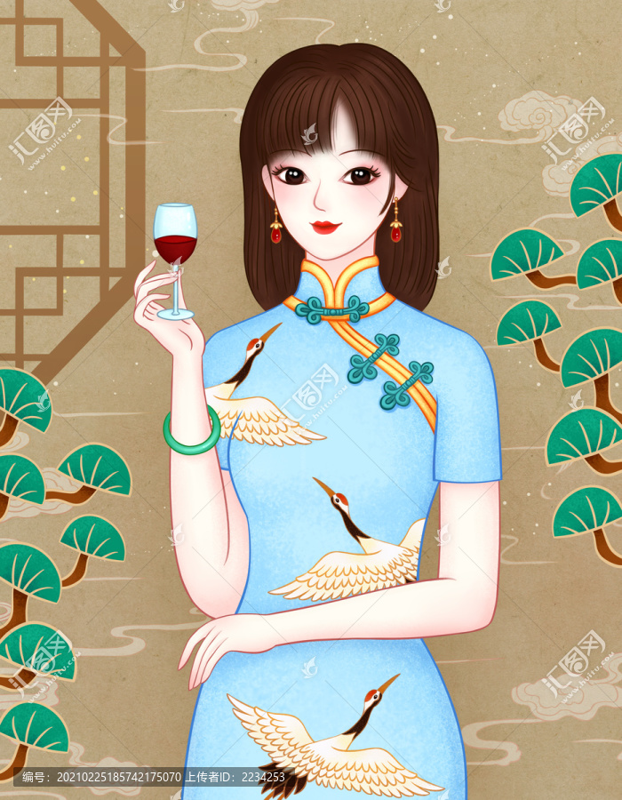 喝红酒旗袍美人插画