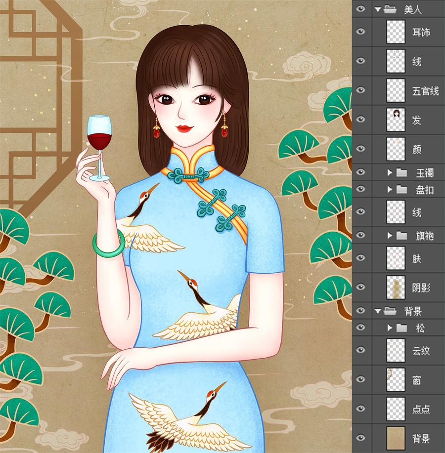 喝紅酒旗袍美人插畫