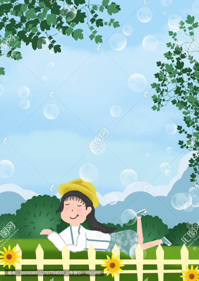 春天趴著的小女孩插畫