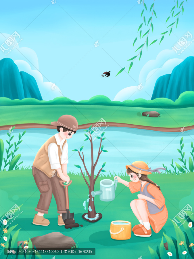 植樹(shù)節(jié)學(xué)生在河邊種樹(shù)插畫(huà)