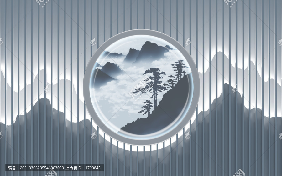 水墨山水格柵新中式晶瓷畫裝飾畫