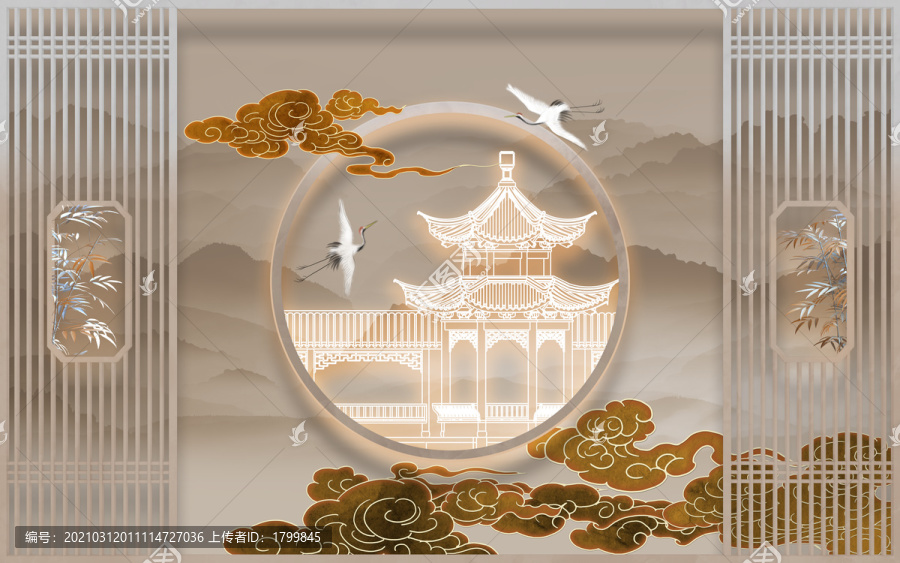亭臺仙鶴祥云山水新中式晶瓷畫