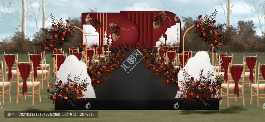 侘寂風(fēng)紅白戶外婚禮效果圖