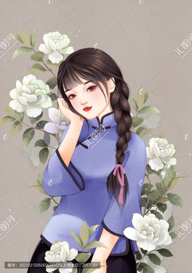 民國(guó)風(fēng)梔子花少女插畫