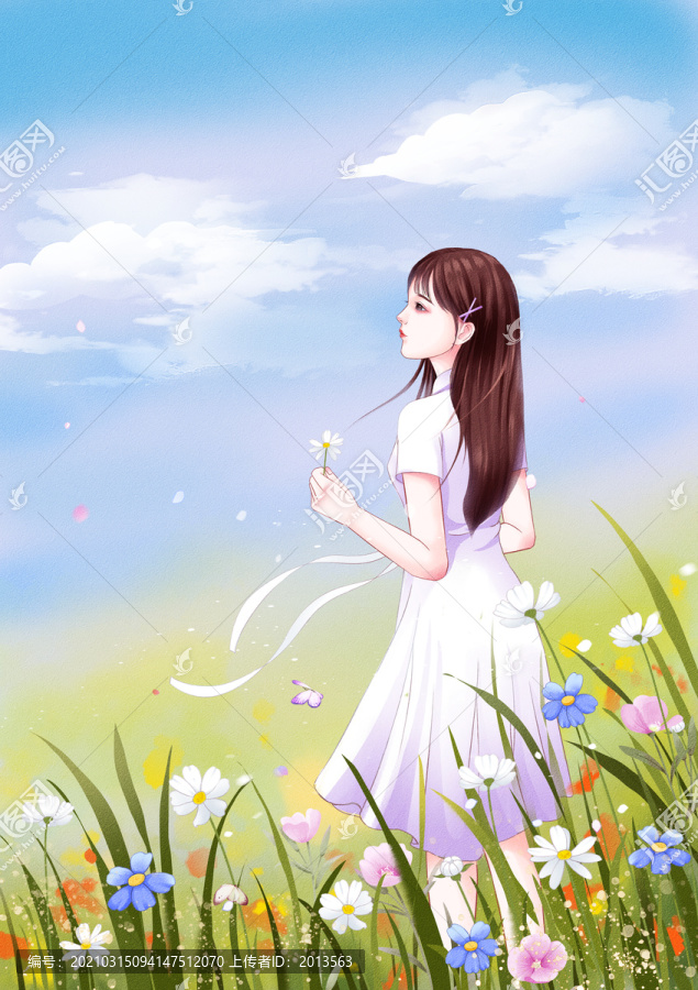 春暖花開花叢中的女孩插畫