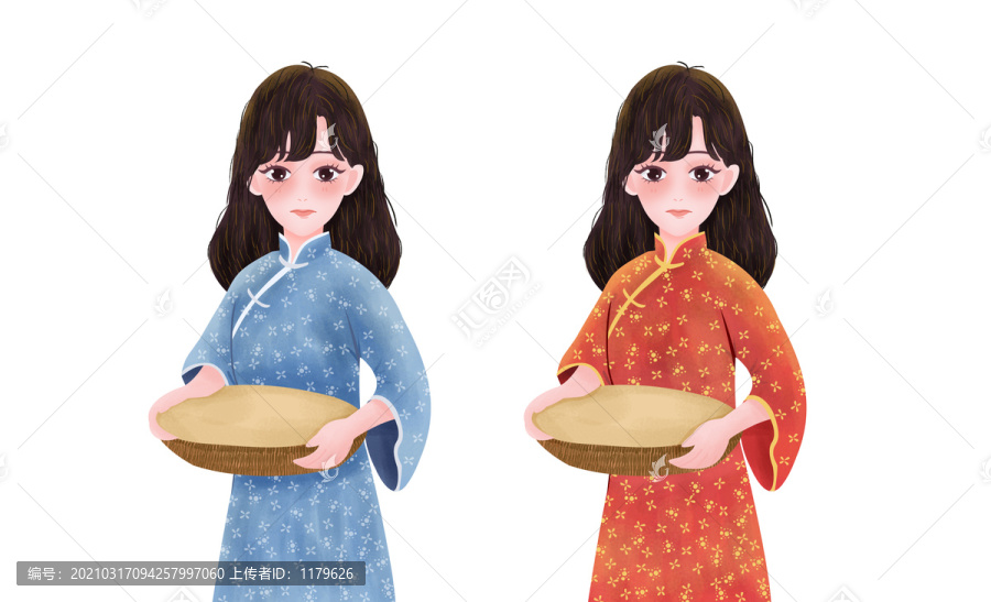 農(nóng)家女孩手拿托盤插畫PSD
