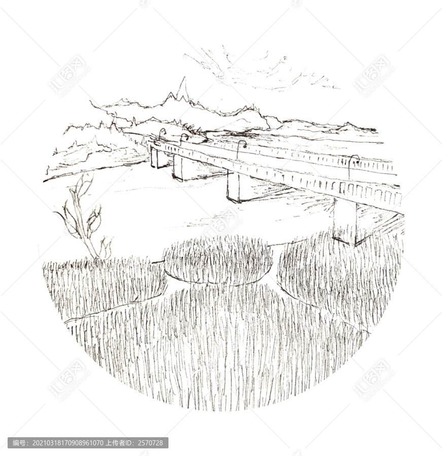 素描大橋稻谷田野