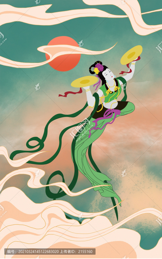 新中式國潮敦煌飛天美女伎樂插畫