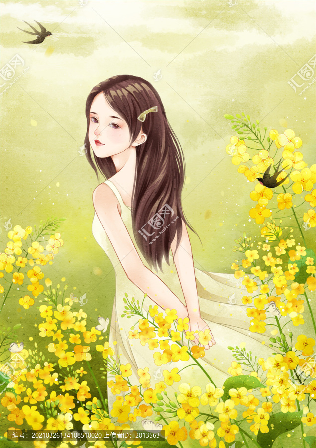 春暖花開油菜花叢中的女孩插畫