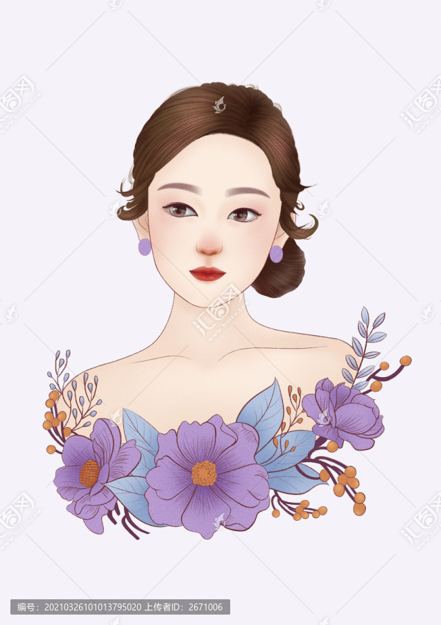 小清新女孩手繪頭像之花中少女