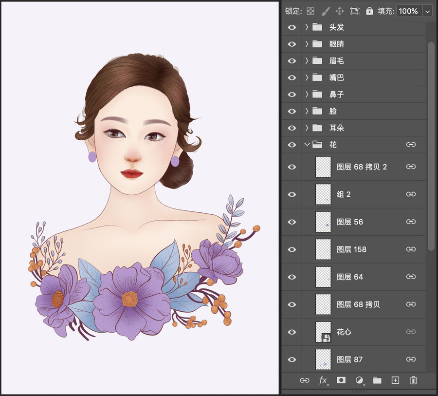 小清新女孩手繪頭像之花中少女