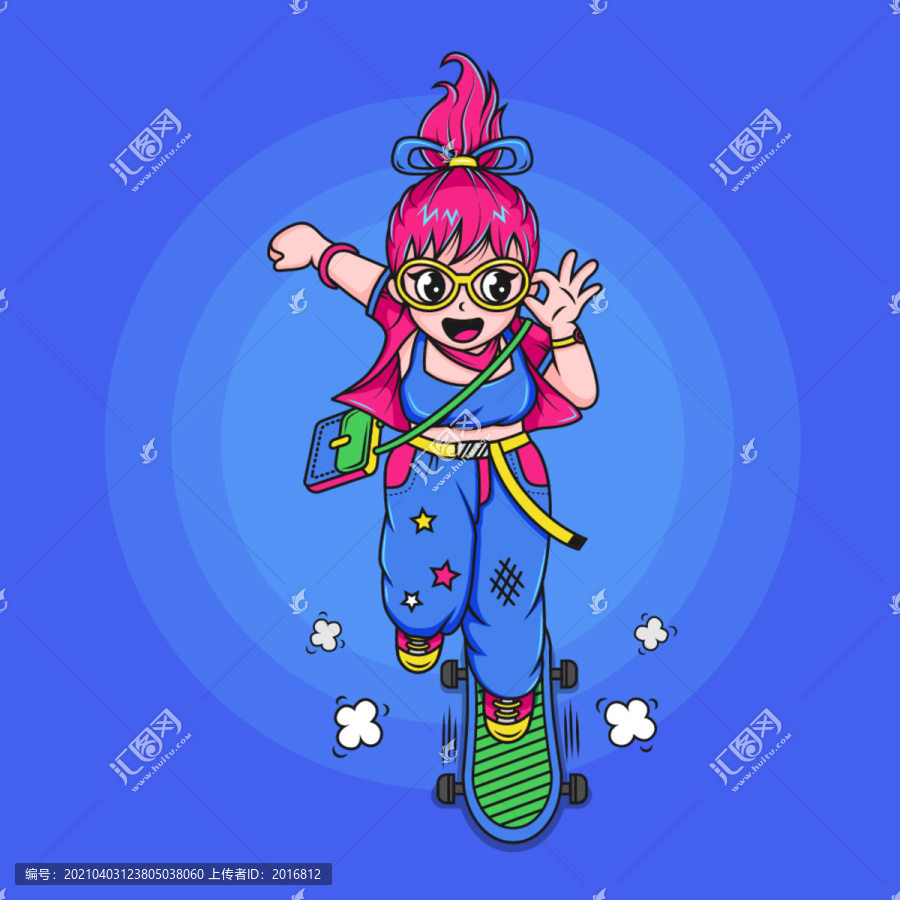 滑板少女形象矢量插畫