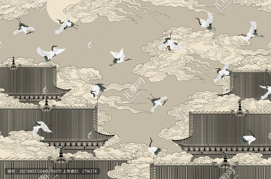 樓閣背景墻皇宮線描高端