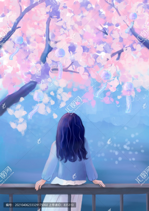 手繪夢幻櫻花風鈴女孩背影